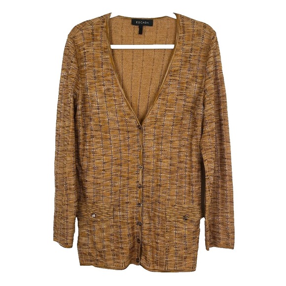 Escada Womens Button Up Cardigan Sweater Size 42 S/M Cotton‎ Linen V Neck Preppy - Picture 1 of 11